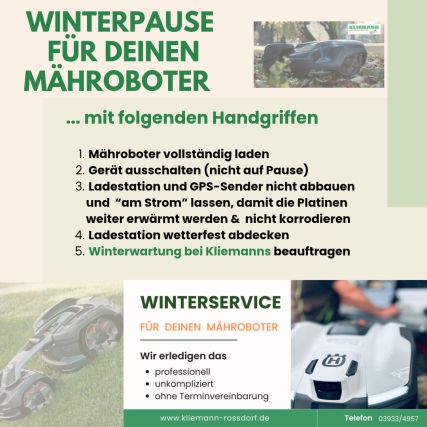 Ein Roboter steht im Laub ein anderer auf einer Werkbank, der Text gibt Tipps